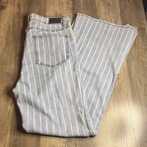 Lucky & Blessed Blue and White Striped Women's Flare Raw Hem Jeans
